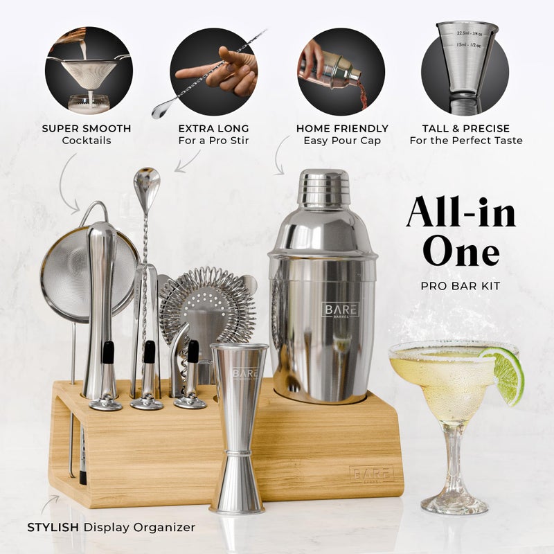 BARE BARREL Mixology Bartender Kit Bar Set | 14-Piece Cocktail Shaker Set | Martini Barware Mixing Tools for Home Bartending | Incl. 35 Recipe Cards | Gift Set (24oz Cobbler Shaker  Silver/Natural) - Image 2